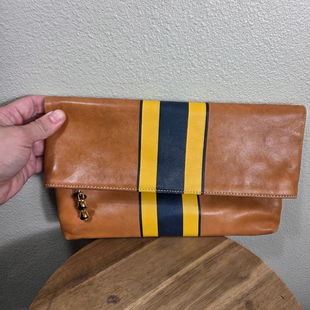 J.McLaughlin Sienna Leather Foldover Clutch English Tan Navy Yellow Stripe